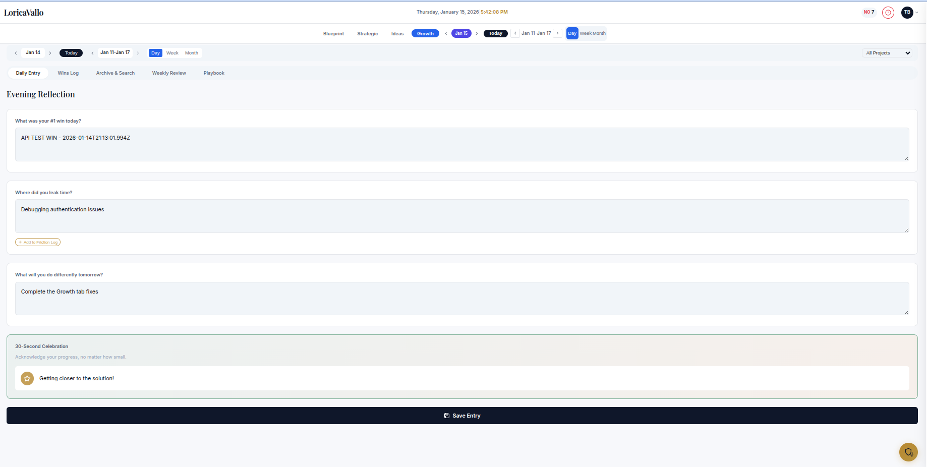 Growth Daily Entry - Evening reflection prompts